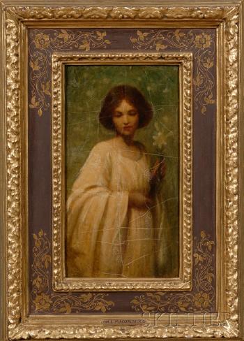 Young woman in a white dress with a lily by 
																	Mary Lizzie Macomber