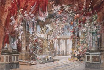 An antique hall decorated with flowers, a stage design by 
																	Franz Angelo Rottonara