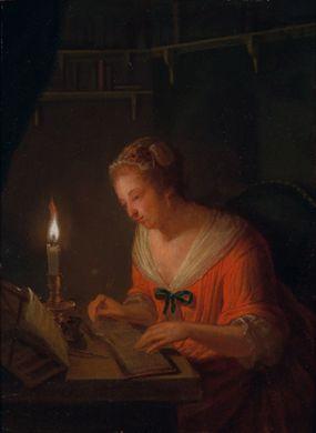 Eine junge frau liest bei kersenschein in ihrer bibliothek by 
																	Dominicus Gottfried Waerdigh