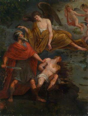 Das opfer Abrahams. Der pharao gibt Abraham seine frau zurück. Ein gastmahl. Melchisedech überreicht dem aus der schlacht heimkehrenden Abraham brot und wein by 
																			Balthasar Beschey