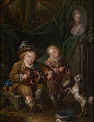 Porträt zweier kinder aks musikanten vor einer büste ihrer mutter by 
																	Jacques Fabien Gautier d'Agoty