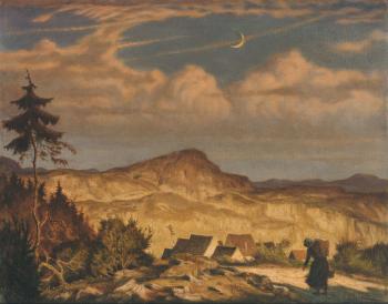 Abendliche fränkische Hügellandschaft mit Dorf und Frau mit Kraxe auf dem Weg by 
																	Georg Ort