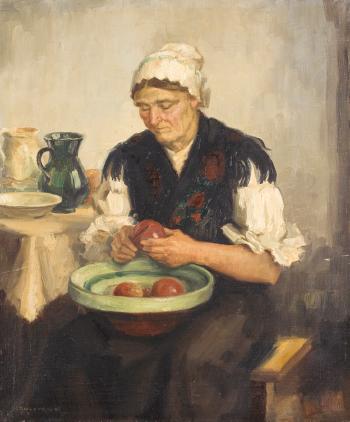 Bäuerin beim Äpfel schälen by 
																	Karoly Krusnyak