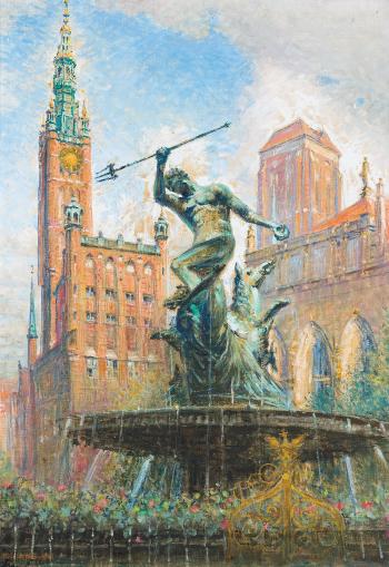 Neptunbrunnen und Rathaus in Danzig by 
																	Theodor Urtnowski