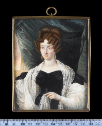 A pair of portraits of a Naval Officer called Captain Charles Fanshawe RN and his wife: he wearing Naval unifom, she wearing black dress with puffed white sleeves, white lace shawl over her shoulders by 
																			Aaron Edwin Penley