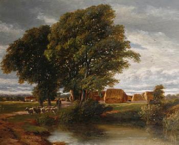 A farmstead with a shepherd and his flock in the foreground by 
																	Charles Walter Radclyffe