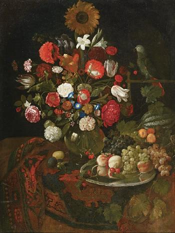 Stillleben mit Blumen, Fruchten und Papagei by 
																	Jakobus Rootius