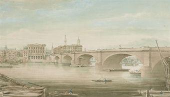View on the Thames looking north, before London Bridge, with a view of the Fishmongers' Hall and Monument by 
																	Gideon Yates