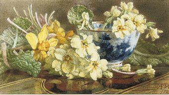 Still life of primroses, daffodils and a blue and white bowl by 
																	Annie Feray Mutrie