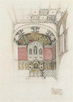 Sketch for Decoration of Chancel in a Country Church and Sketch showing effect of Nave Decoration, Chelford, Cheshire by 
																	Reginald Hallward
