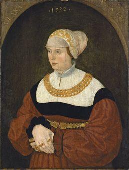 Portrait of Clara Burckhardt, half-length, in a gold-embroidered white bonnet and a red dress with a lace collar, and a gold belt and necklace, in a sculpted niche by 
																	Conrad Faber von Creuznach