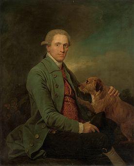 Portrait of a gentleman, traditionally identified as a member of the Taylor family of Stradmore House, Llandygwydd, Cardiganshire, seated, three-quarter-length, in a blue coat and red waistcoat, with his dog in a landscape by 
																	Martin Ferdinand Quadal