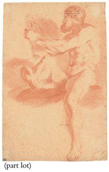 A seated male nude holding a book (recto); Head of a boy (verso) by 
																	Andrea Camassei
