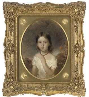 Portrait of Elizabeth Palfreeman Wilson, age 5, half-length, in a white dress with a red necklace, an extensive landscape beyond by 
																	Francis John Wyburd