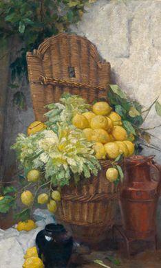 Large still life with a basket of lemons. Blossoming garden landscape by 
																			Helen Iversen