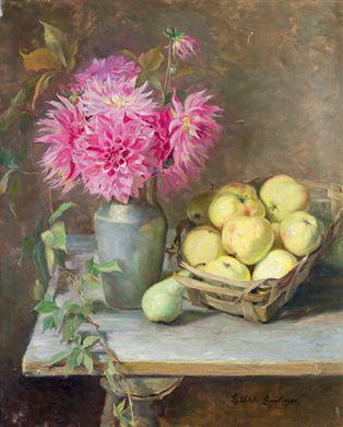 Still life with fruit and a bunch of dahlias 'harbinger of autumn' by 
																	Ella Ehrenberger