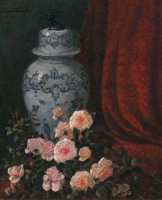 Still life with roses and Chinese vase with lid by 
																	Felix Elie Regamey