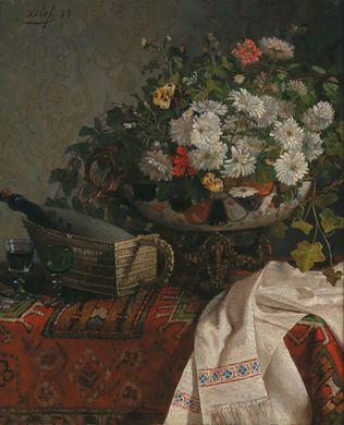 Still life with flowers in a bowl and wine bottle by 
																	Felix Elie Regamey