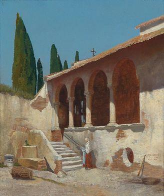 Monastery garden in Tuscany with decorative figures by 
																	Robert Oerley