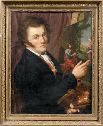 Portrait d'un peintre devant un tableau representant le Christ et la Samaritaine by 
																	Alexis Bafcop