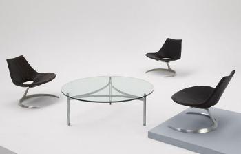A rare set of three 'Scimitar' lounge chairs and a 'Scimitar' coffee table by 
																	Jorgen Kastholm
