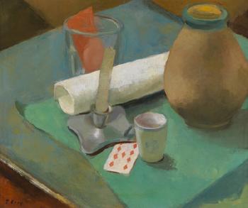 Still life with a candleholder and a playing card by 
																	Theodor Essy