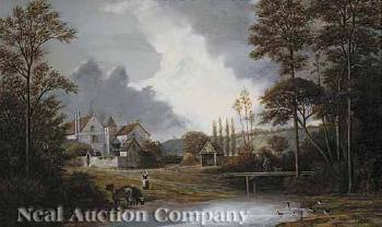 Cattle by a farmyard pond, a manor house in the distance by 
																			Philippe Regis de Trobriand