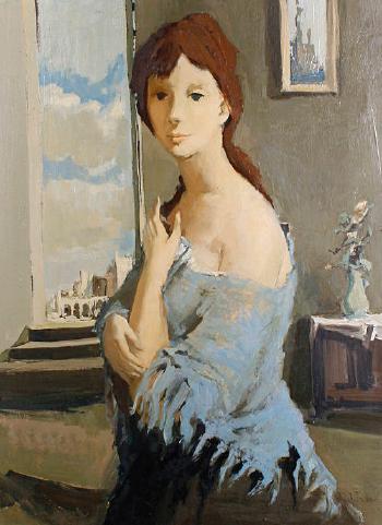 Girl in a blue shawl in an interior by 
																	Jonathan Zutter