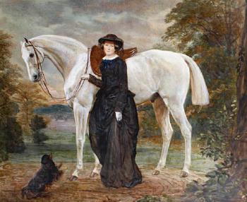 Portrait of a lady with a grey horse and a dog at her feet by 
																	Jean-Edouard Lacretelle