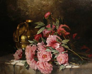 Peonies and a pitcher on a ledge by 
																	Paul Gagneux