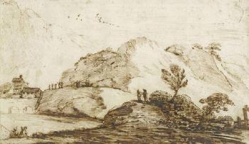 Landscape with mountains, lake fishermen, with houses by 
																	 Il Falsario di Guercino