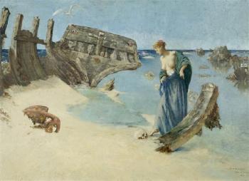 Jeune Fille contemplant un Crâne près d'un bateau naufragé au bord de la mer - Ile de Bréhat by 
																	Ary Renan