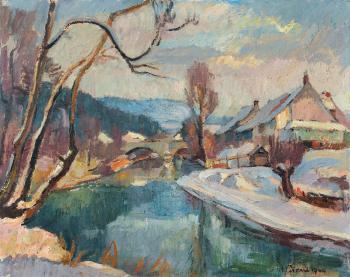 Winterliche Landschaftspartie mit Brucke bei Laufen by 
																	August Cueni