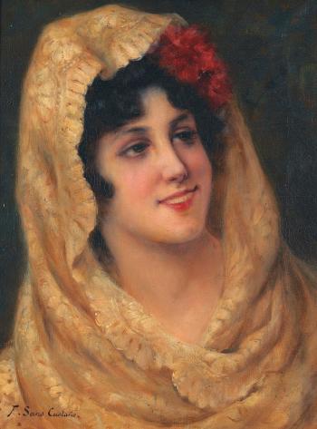 Damenporträt mit weisser Mantilla und roten Nelken im Haar by 
																	Francisco Sans Castano