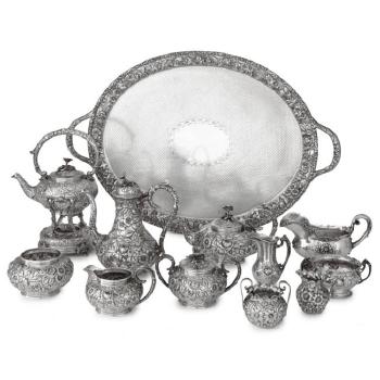 An American Silver Six-piece Tea And Coffee Set And Matching Two-handled Tray, S. Kirk & Son Co., Baltimore, MD by 
																	 Samuel Kirk & Son