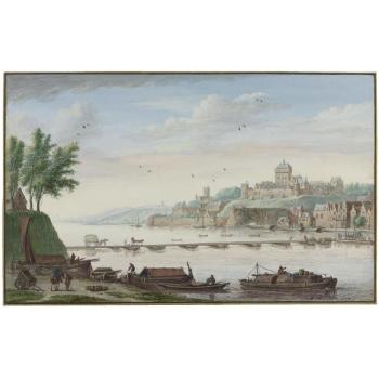 View Of Nijmegen, With Boatmen Loading Barges In The Foreground by 
																	Abraham Rademaker