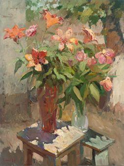 Summer blooms in vases on two tables by 
																	Alexander Karpachov