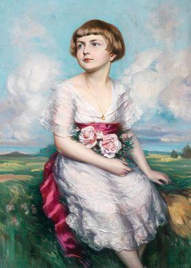 Portrait of a young girl with roses set in a landscape by 
																	Ferenc Innocent