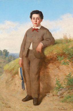 Boy with a straw hat set in a landscape by 
																	A Humbert