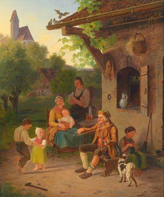 Family idyll outside the home at evening by 
																	Anton Clemens Evers