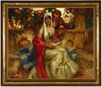 A courtesan and woman sitting in a courtyard by 
																			Oscar Theodore Jackman