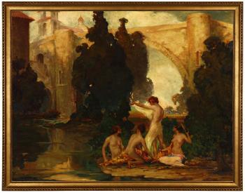 Nude Arcadian women dancing and playing music by 
																			Oscar Theodore Jackman