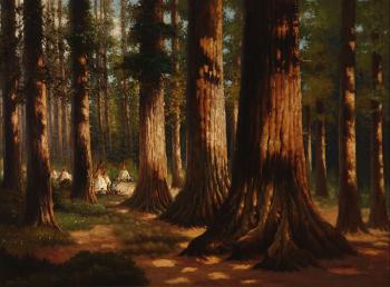 California redwood giants, redwoods in Mariposa National Park with a Yosemite Indian encampment by 
																			Dey de Ribcowsky