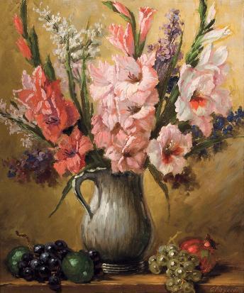 Still life with gladioli and fruit by 
																	Gino Fasciotti