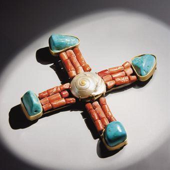 Pendentif-broche Croix Coquillage, Corail Et Turquoises by 
																	 Yves Saint Laurent
