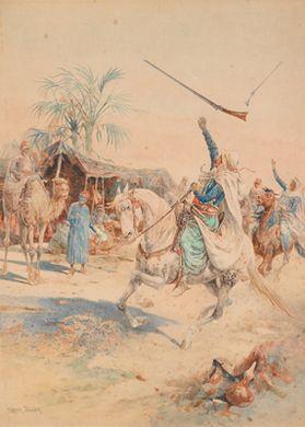 Arrival of the horsemen at the camp by 
																	Frank Feller