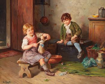 Playing with a doll by 
																	Anton Raufer-Redwitz