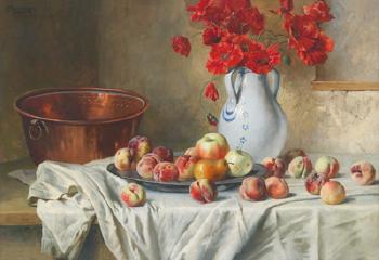 Large still life with apples and poppies in a jug by 
																	Max Ebersberger
