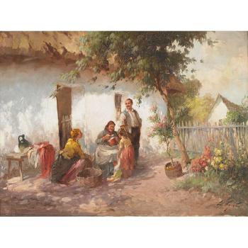Family on washday in a sunlit yard by 
																	Agostos Acs