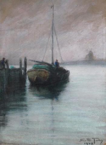Boat at dock by 
																	Sidney Strickland Tully